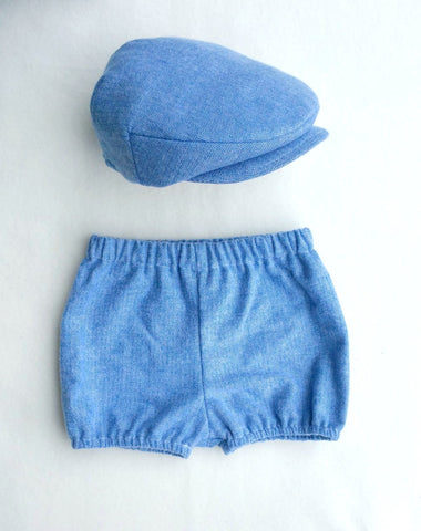 Blue Herringbone Shorties and Flat Cap Set