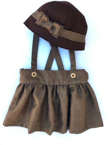 Suspender Skirt and Cloche Hat Set in Brown Houndstooth