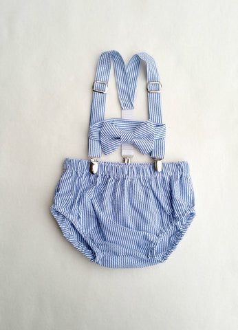 Ready to Ship Oliver Set in Navy Blue and White Seersucker